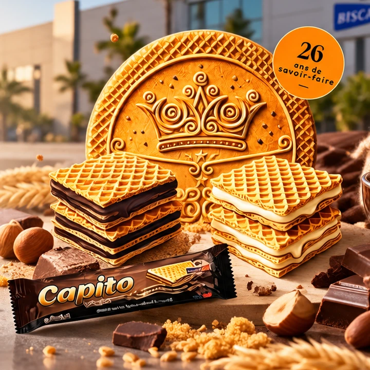 Gaufrettes fourrées au chocolat et à la vanille devant une gaufrette ornée de la couronne Biscarose